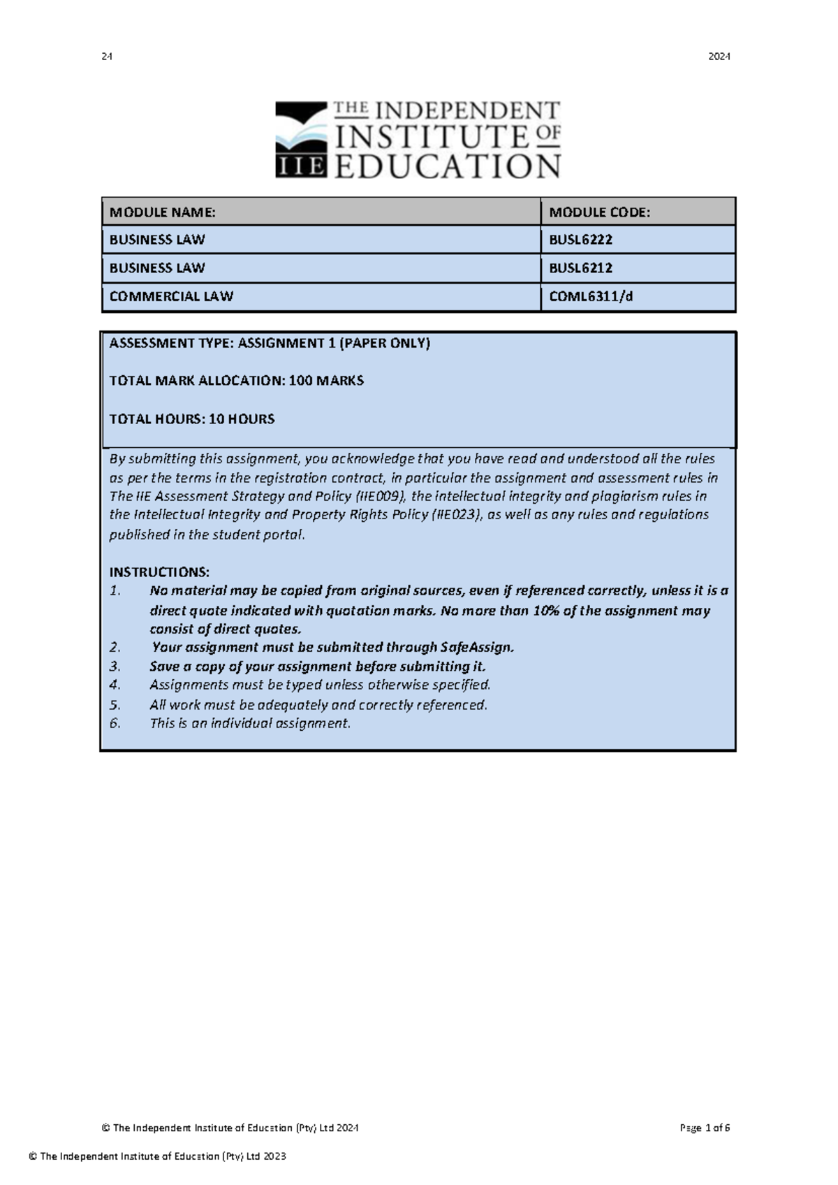 Word - assignment - © The Independent Institute of Education (Pty) Ltd ...