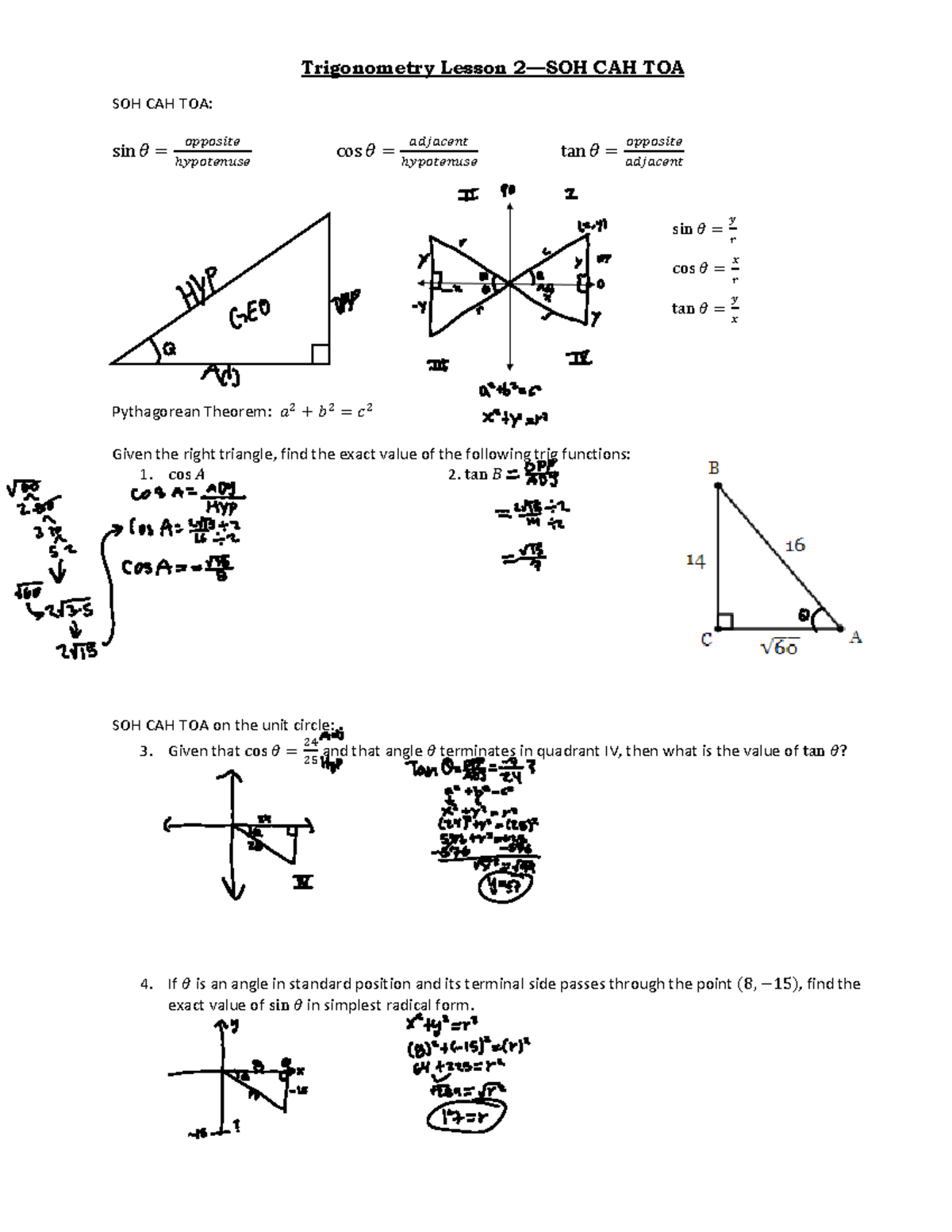 Trigonometry Notes Lesson 2 - Trigonometry Lesson 2 —SOH CAH TOA SOH ...