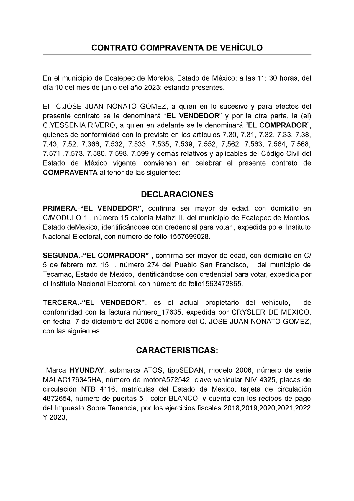 Contrato De Venta De Auto Contrato Compraventa De VehÍculo En El Municipio De Ecatepec De 1780