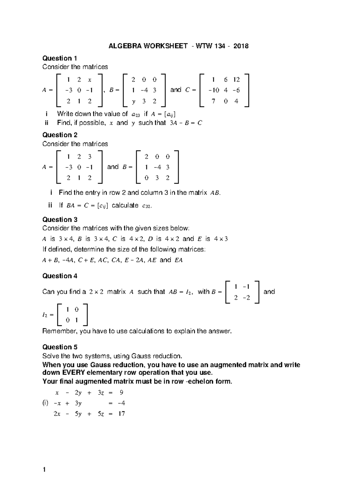 Algebra worksheet - ALGEBRA WORKSHEET - WTW 134 - 2018 Question 1 ...