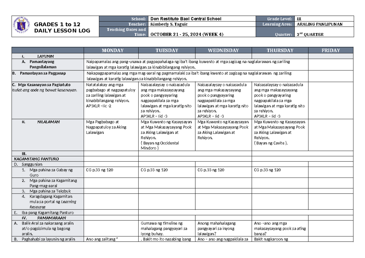 DLL Araling Panlipunan 3 Q2 W4 - GRADES 1 to 12 DAILY LESSON LOG School ...