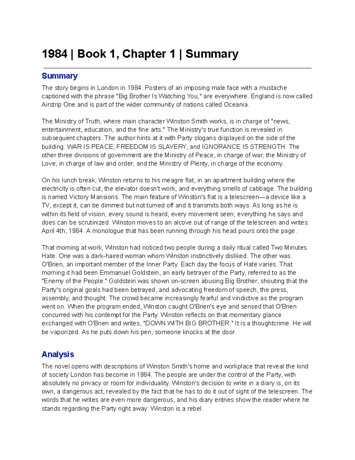 1984 Book 1, 2, and 3 Chapters Summary + Analysis 1984 Book 1