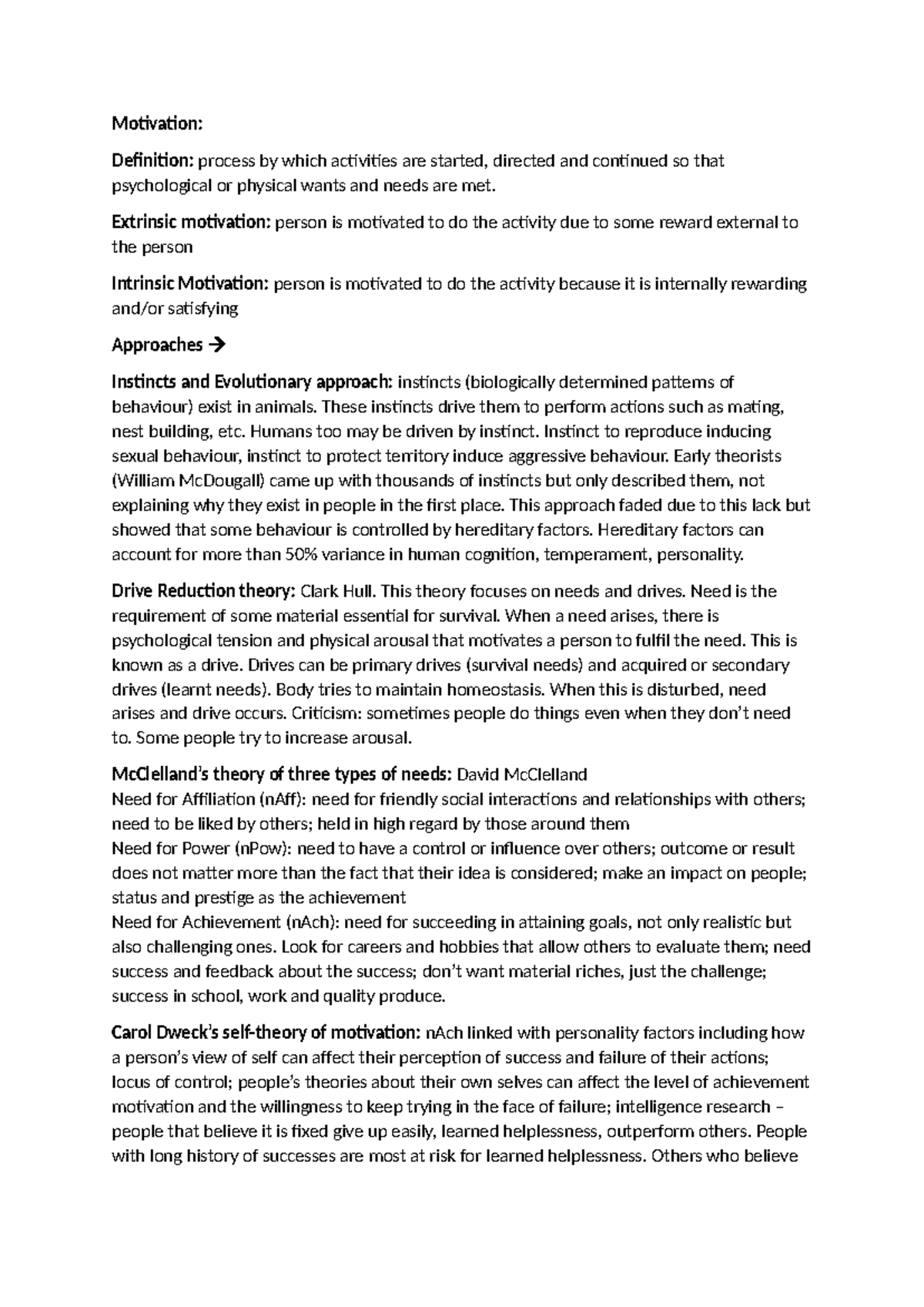 Motivation - Summary Psychology - Motivation: Definition: process by ...