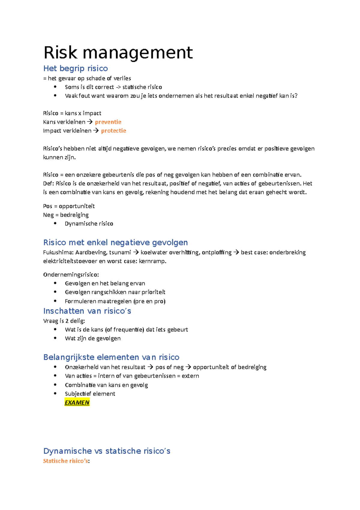 SV RM - Samenvatting Risk - Risk management Het begrip risico = het ...