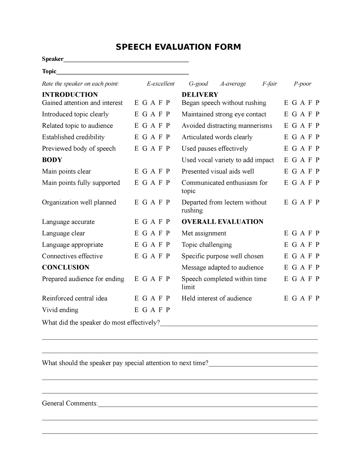 Speech Evaluation Form Speech Evaluation Form Speaker 1560