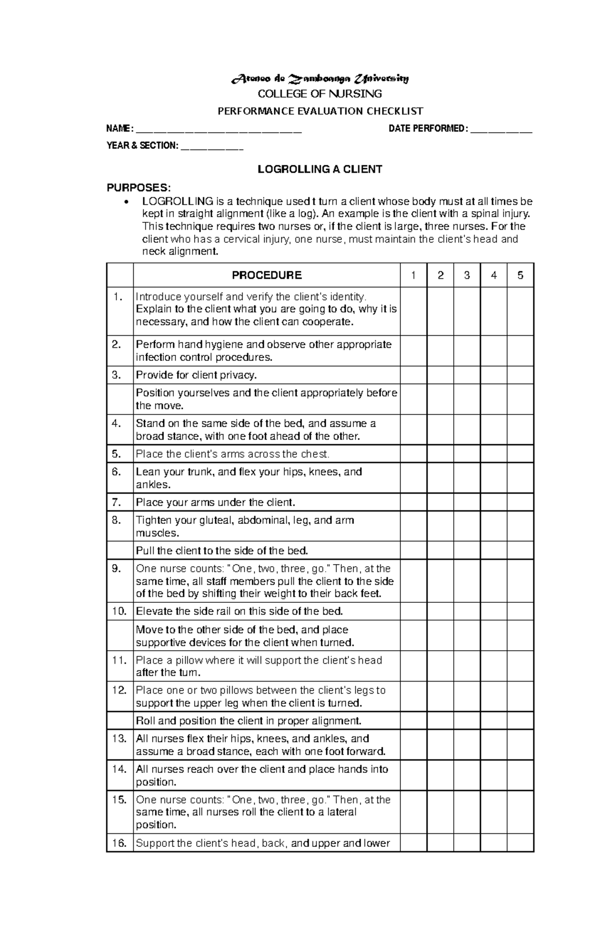 Logrolling A Client - Ateneo de Zamboanga University COLLEGE OF NURSING ...