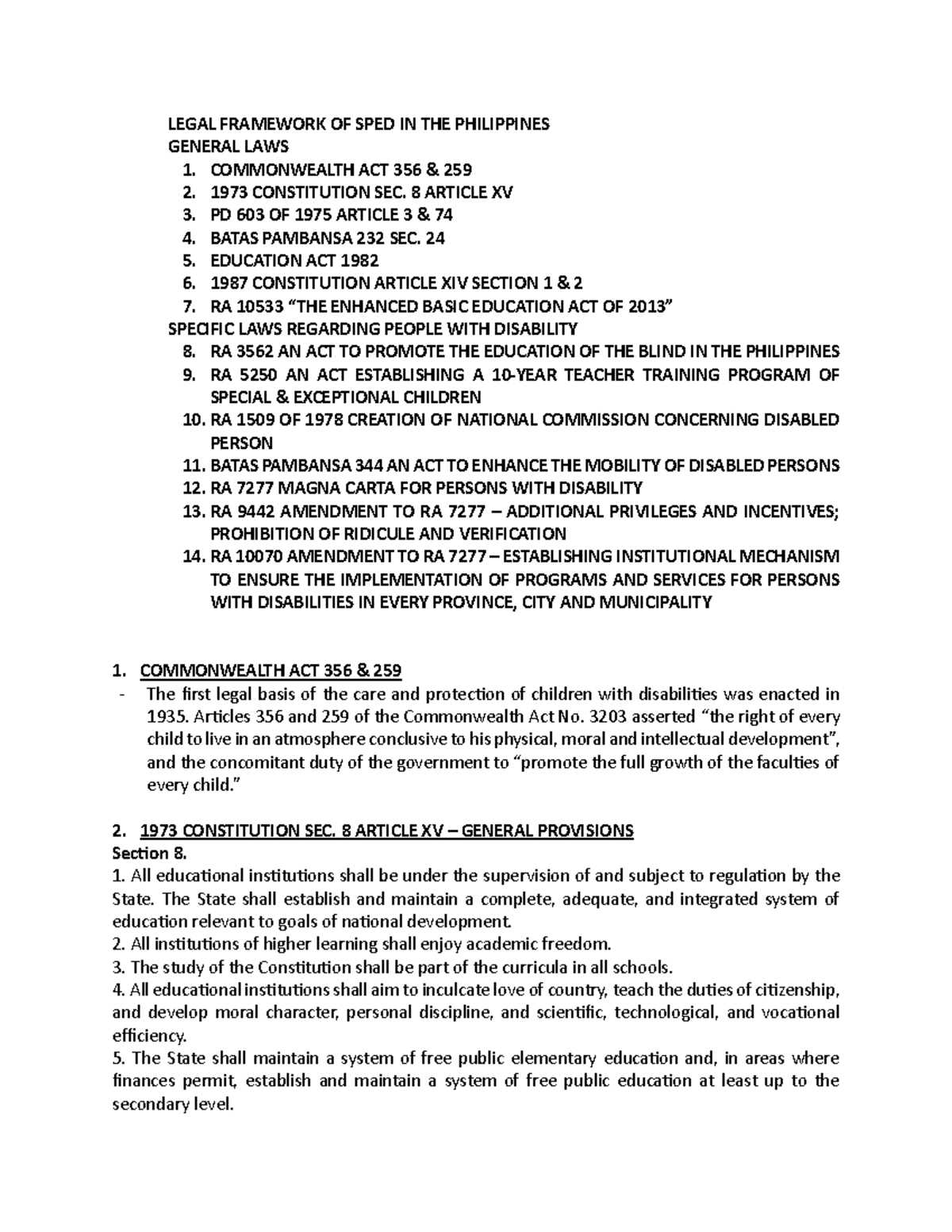 EL 104 Notes RA - EL 104 - LEGAL FRAMEWORK OF SPED IN THE PHILIPPINES ...