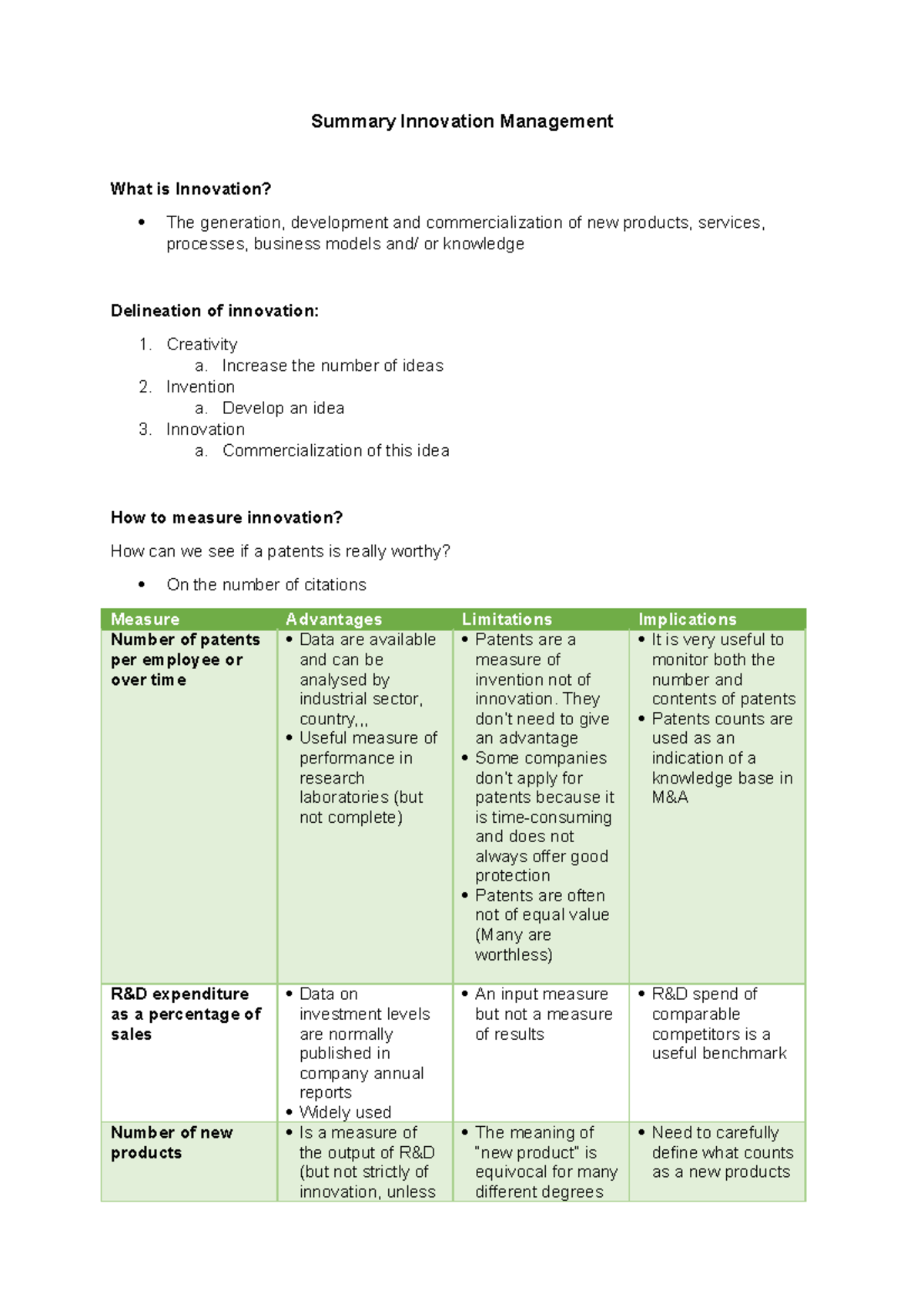 Summary Innovation - Creativity a. Increase the number of ideas 2 ...