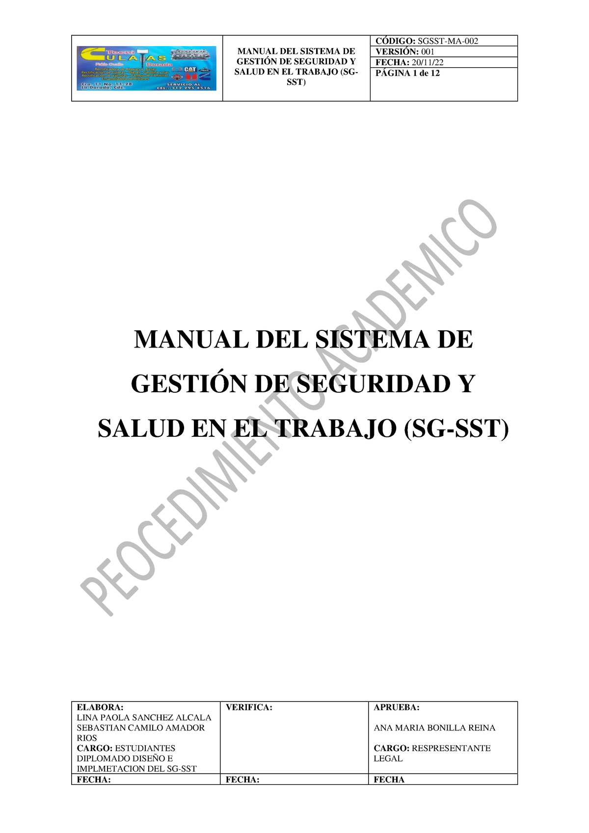 Manual Sgsst Tecniculatas Dorada - MANUAL DEL SISTEMA DE GESTIÓN DE ...