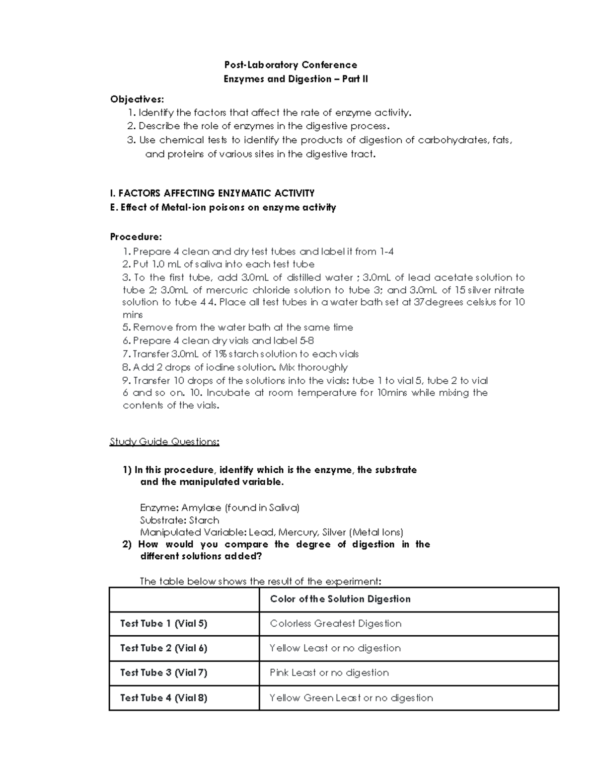 Enzymes and Digestion PostLaboratory Conference Enzymes and
