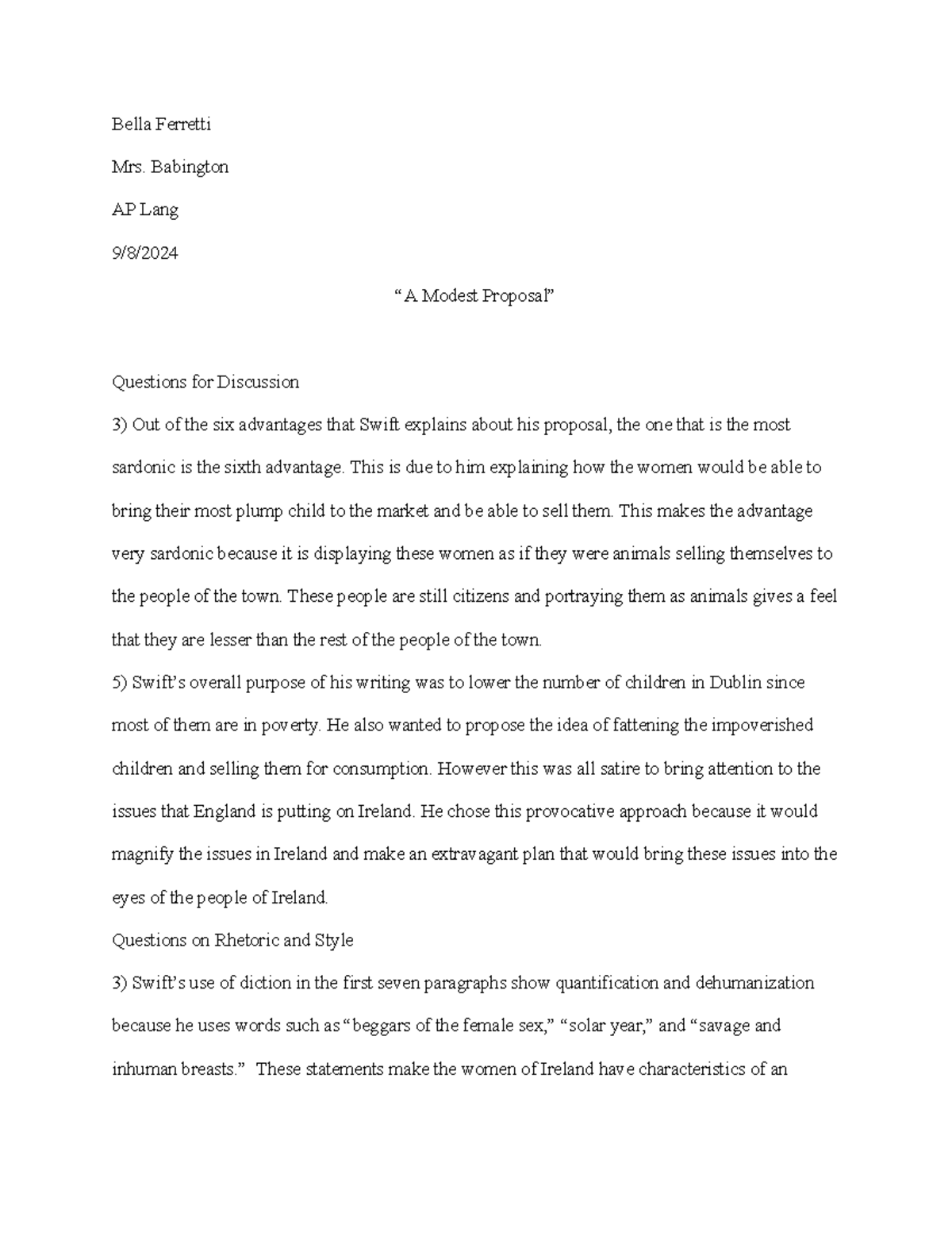 A Modest Proposal - notes - Bella Ferretti Mrs. Babington AP Lang 9/8 ...