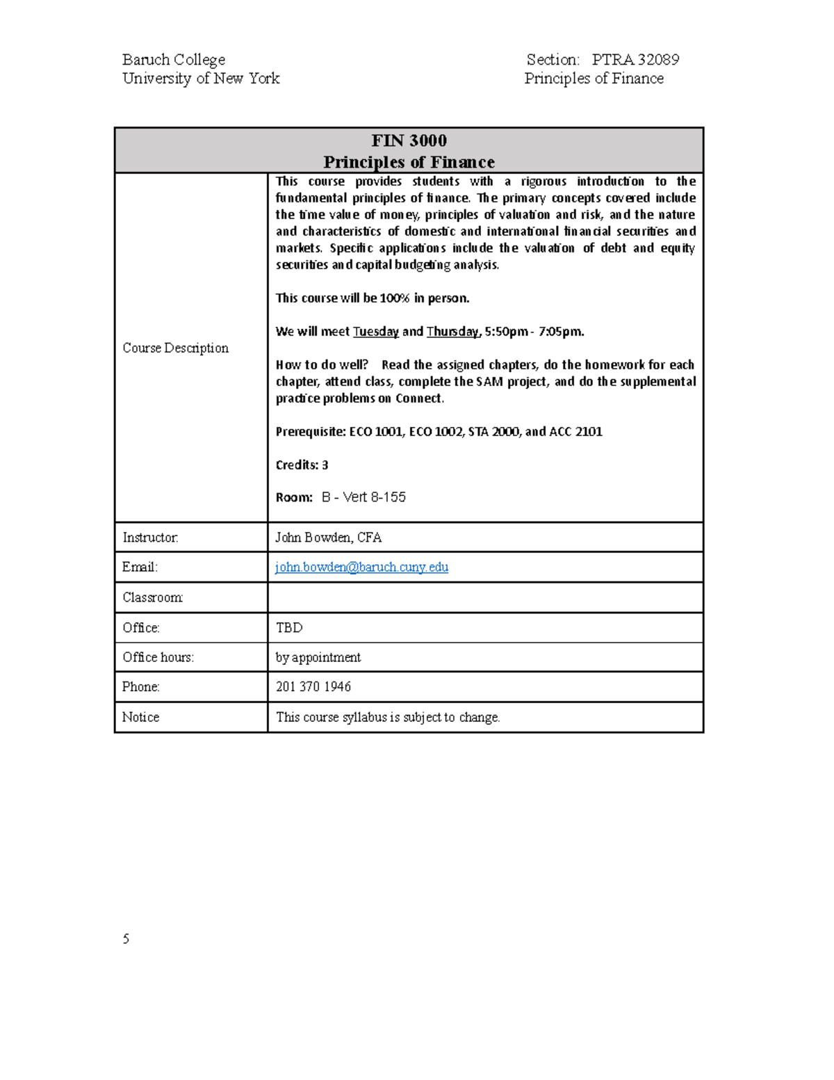 Syllabus Spring 2023 - University Of New York Principles Of Finance FIN ...