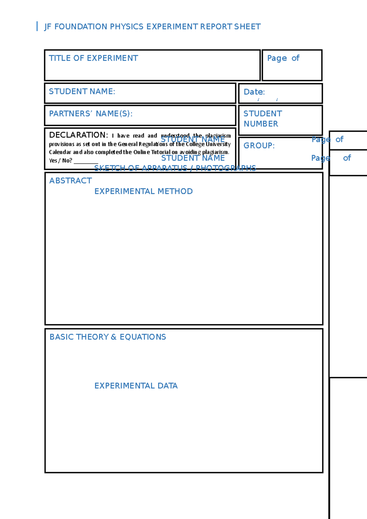 Lab Blank Template 2022 JF FOUNDATION PHYSICS EXPERIMENT REPORT SHEET