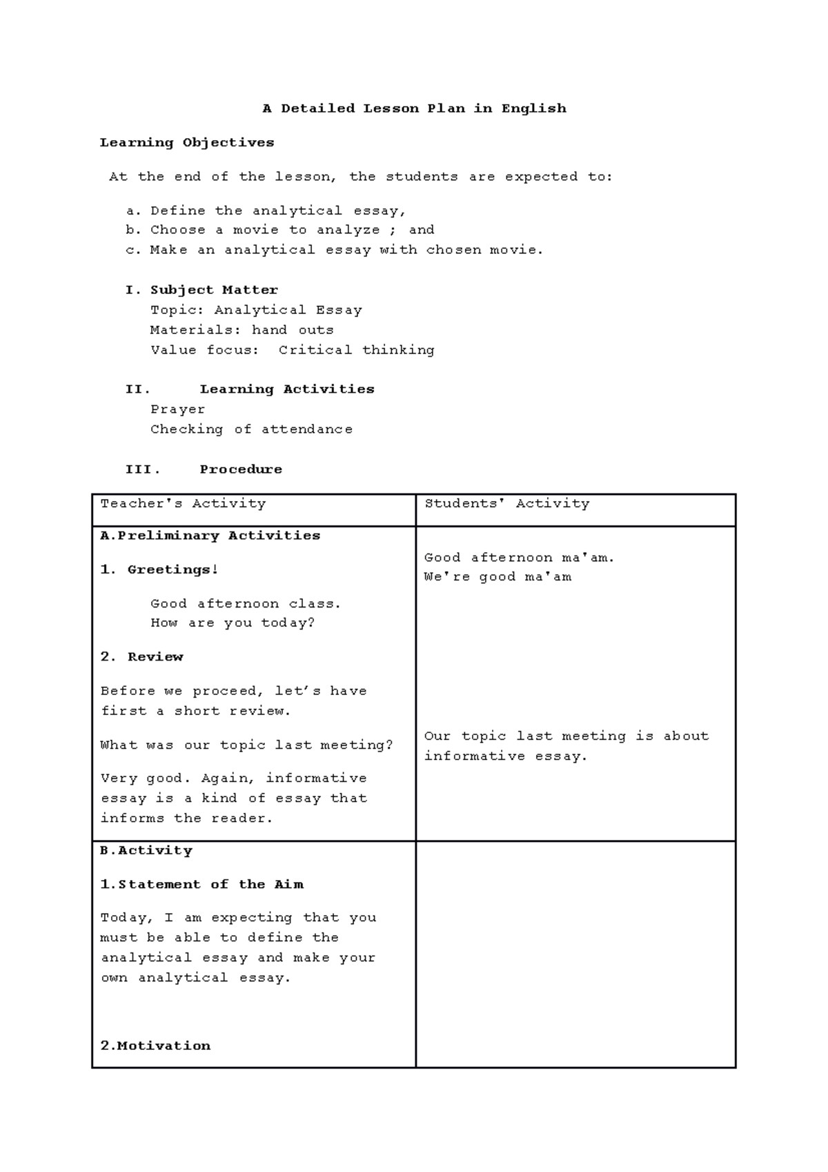 A Detailed Lesson Plan in analytical essay - A Detailed Lesson Plan in ...