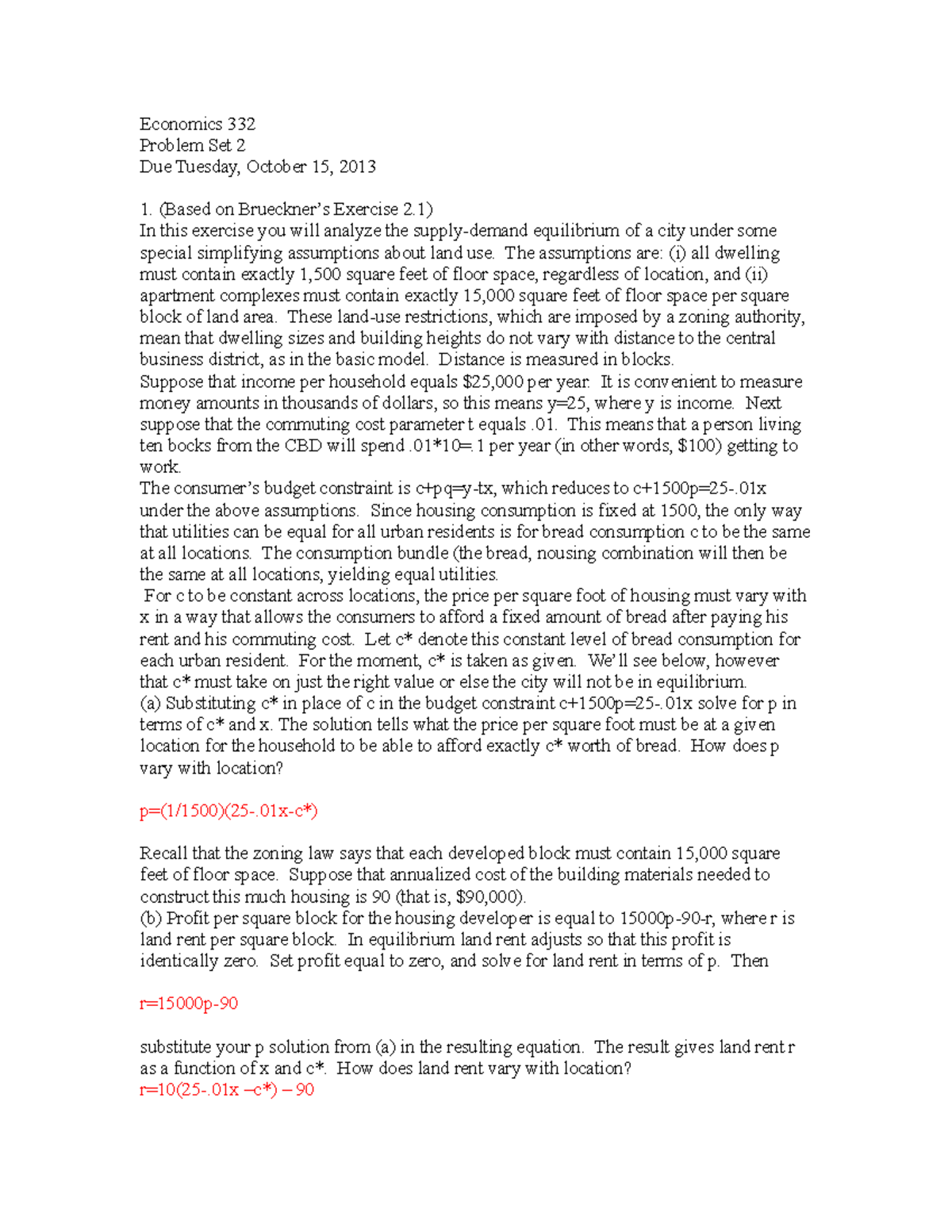 Answers for problem set 2 - Economics 332 Problem Set 2 Due Tuesday ...