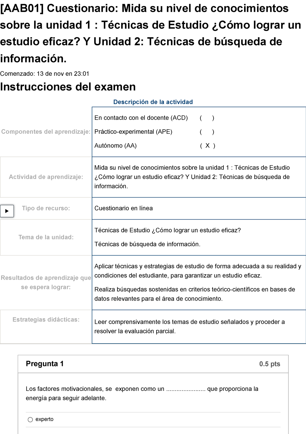 Examen [AAB01] Cuestionario Mida Su Nivel De Conocimientos Sobre La ...