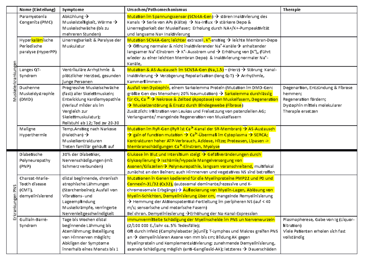 Zusammenfassung Krankheiten - Name (Einteilung) Symptome Ursachen ...