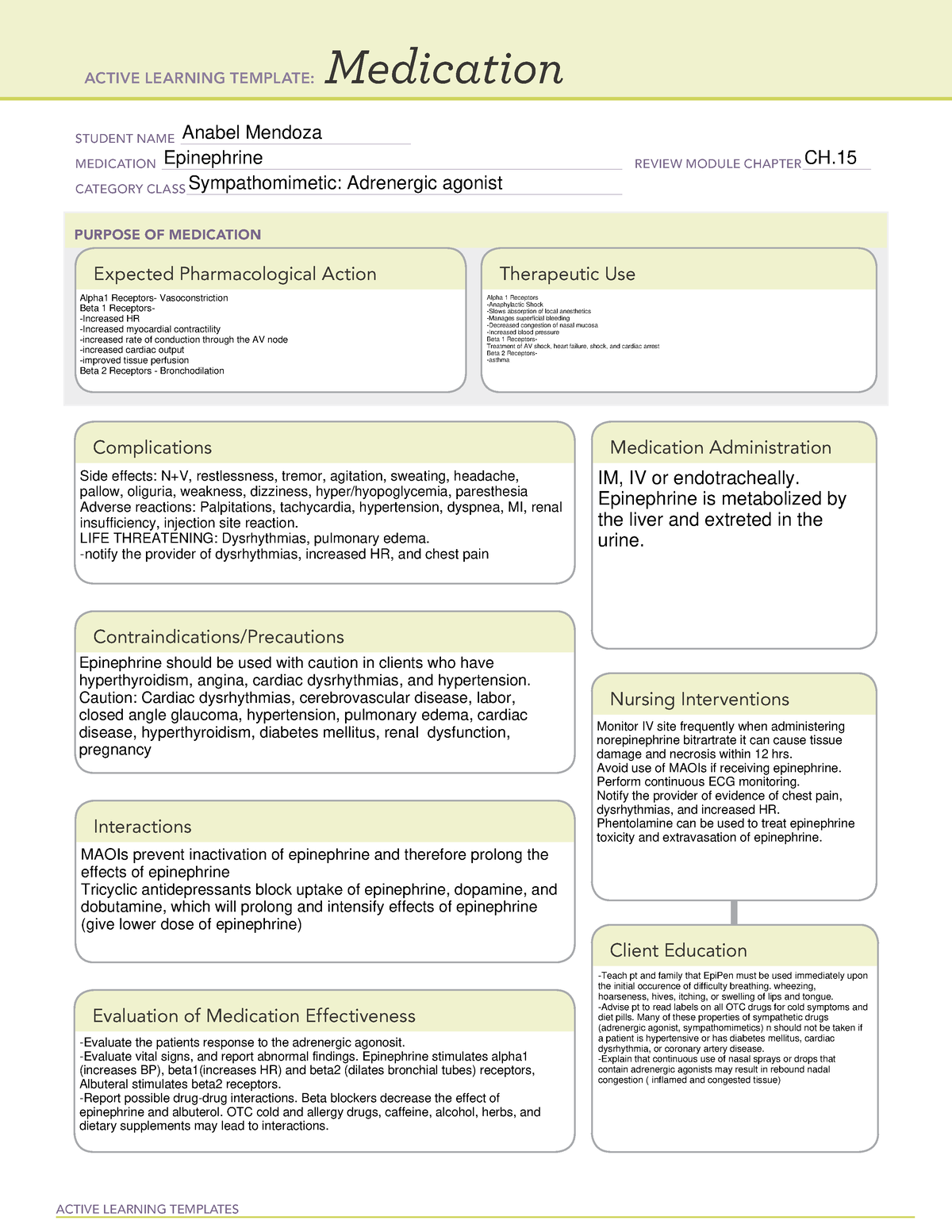 Epinephrine Medical Surgical ATI template ACTIVE LEARNING TEMPLATES