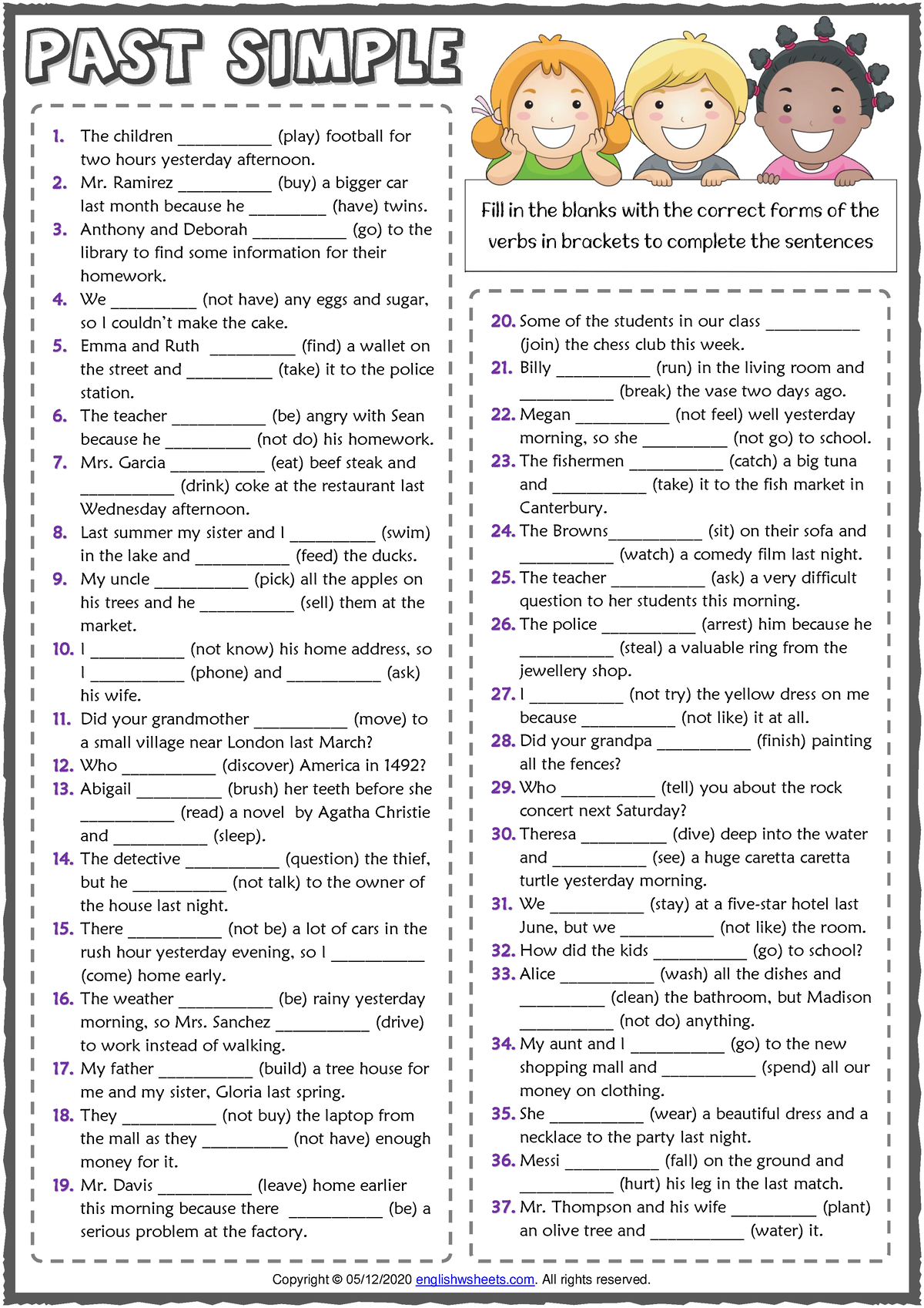 Past simple tense esl printable gap fill exercise worksheet - PPAASSTT ...