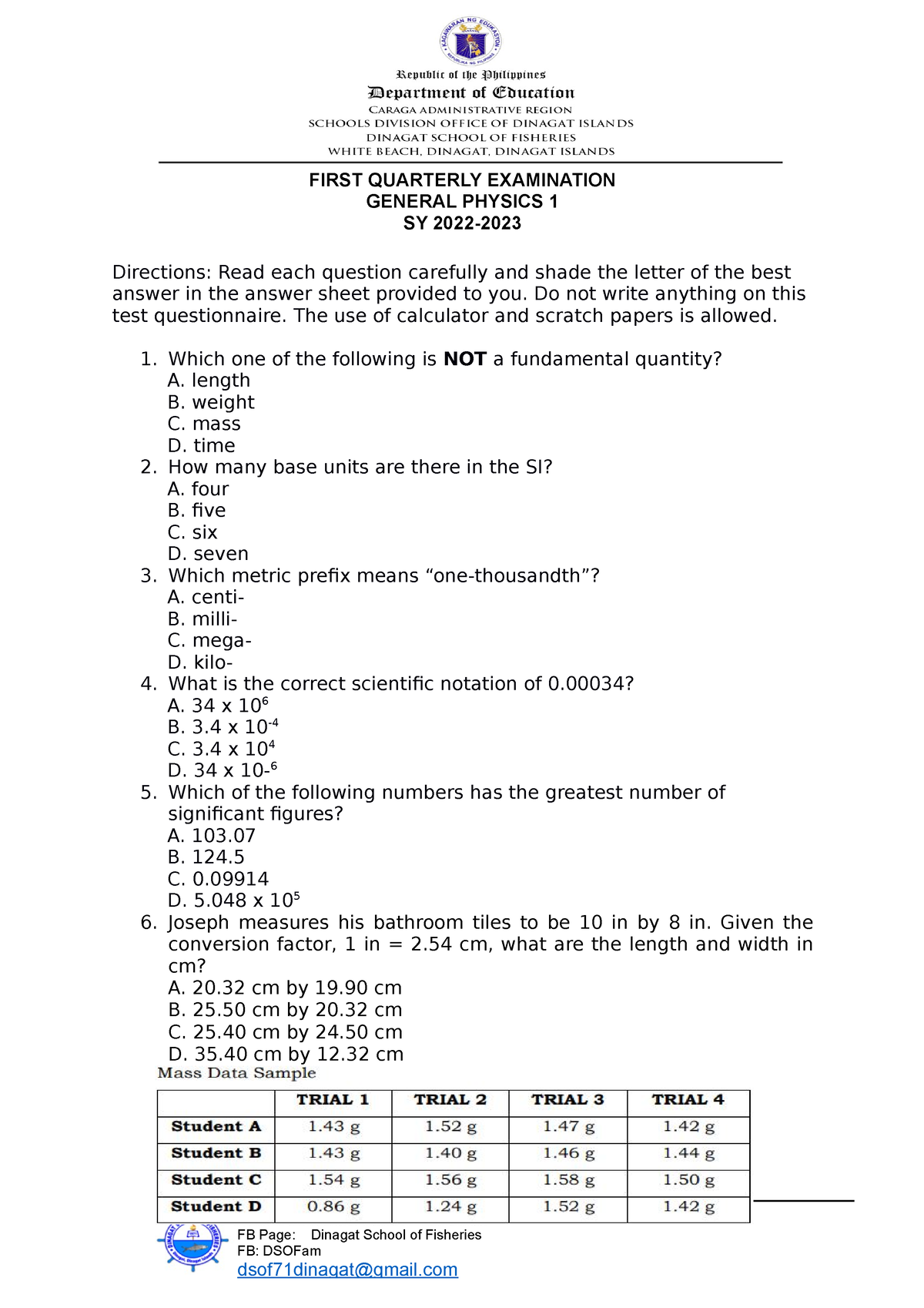 General Physics 1-1st Quarter Exam - FIRST QUARTERLY EXAMINATION ...