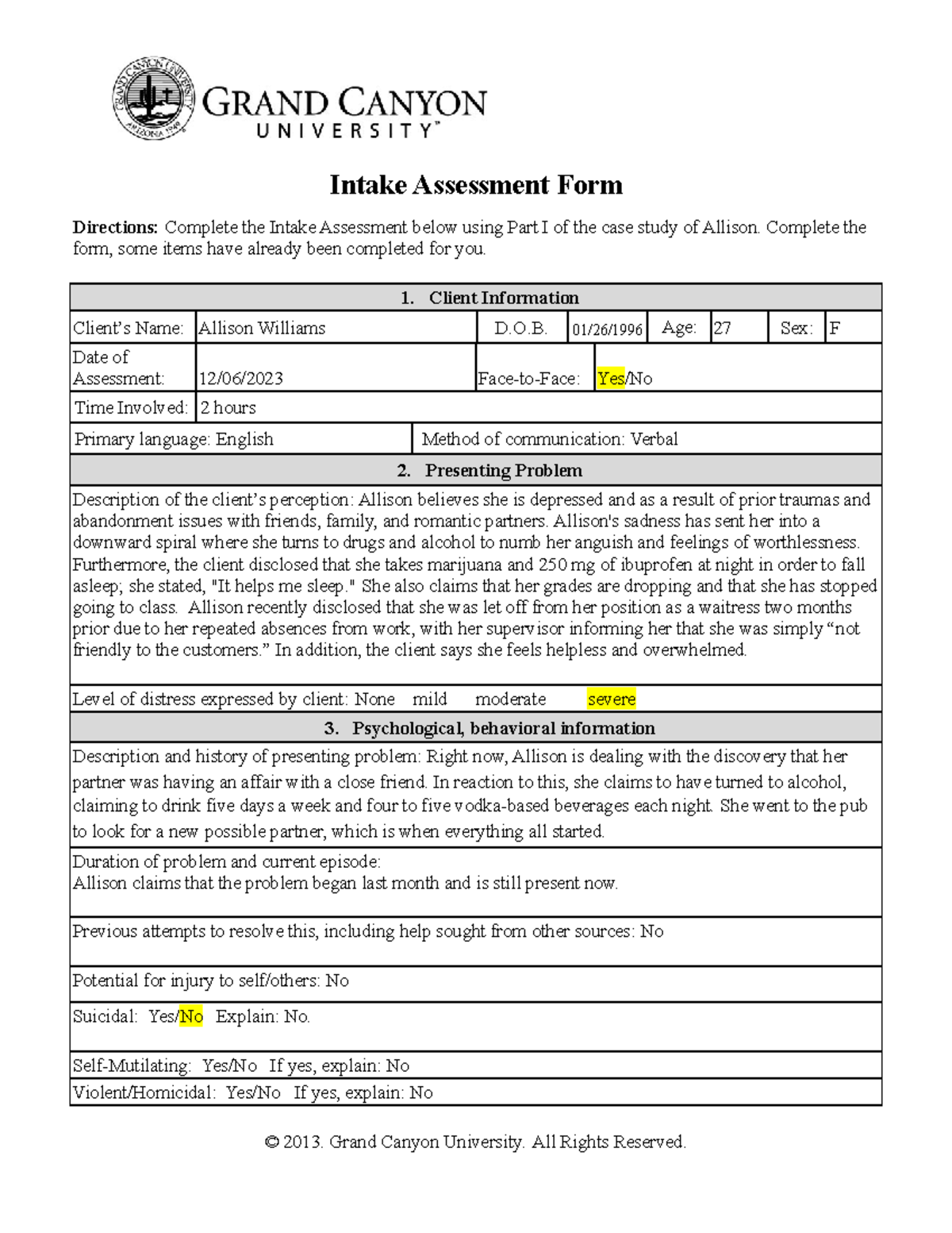 PCN255 Intake Assessment - Intake Assessment Form Directions: Complete ...