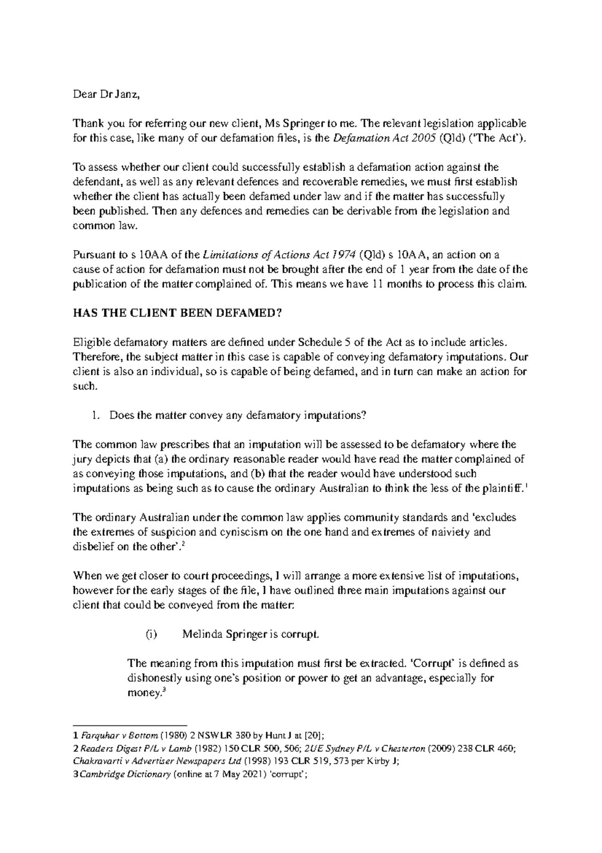 Defamation assignment assessment number 2 - Dear Dr Janz, Thank you for ...