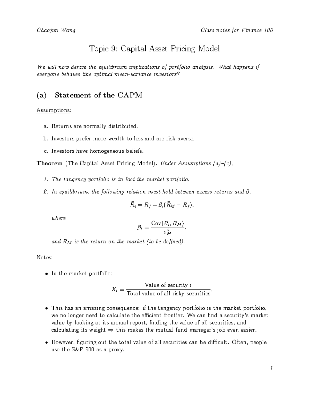 Lecture Notes T 09 - Topic 9: Capital Asset Pricing Model We will now ...