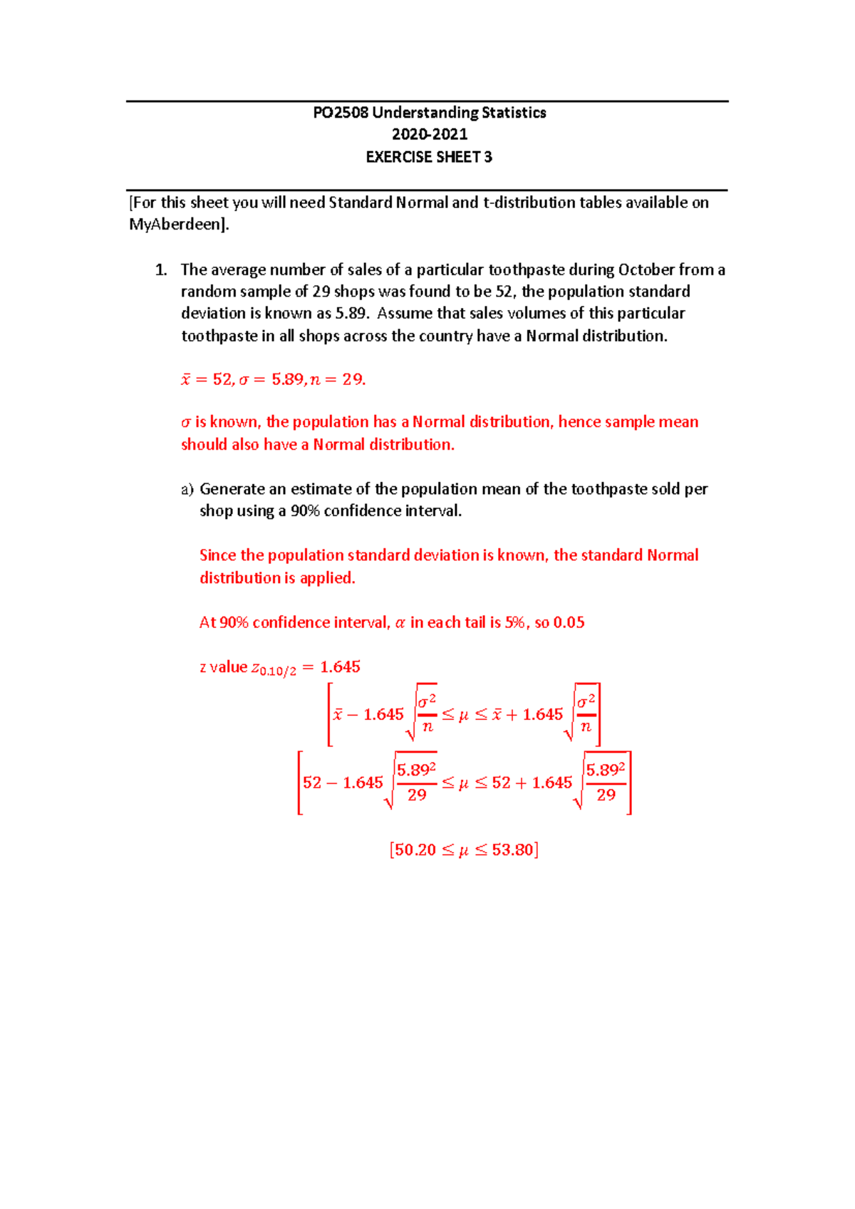 Tutorial 3 solutions final - PO2508 Understanding Statistics 2020 ...