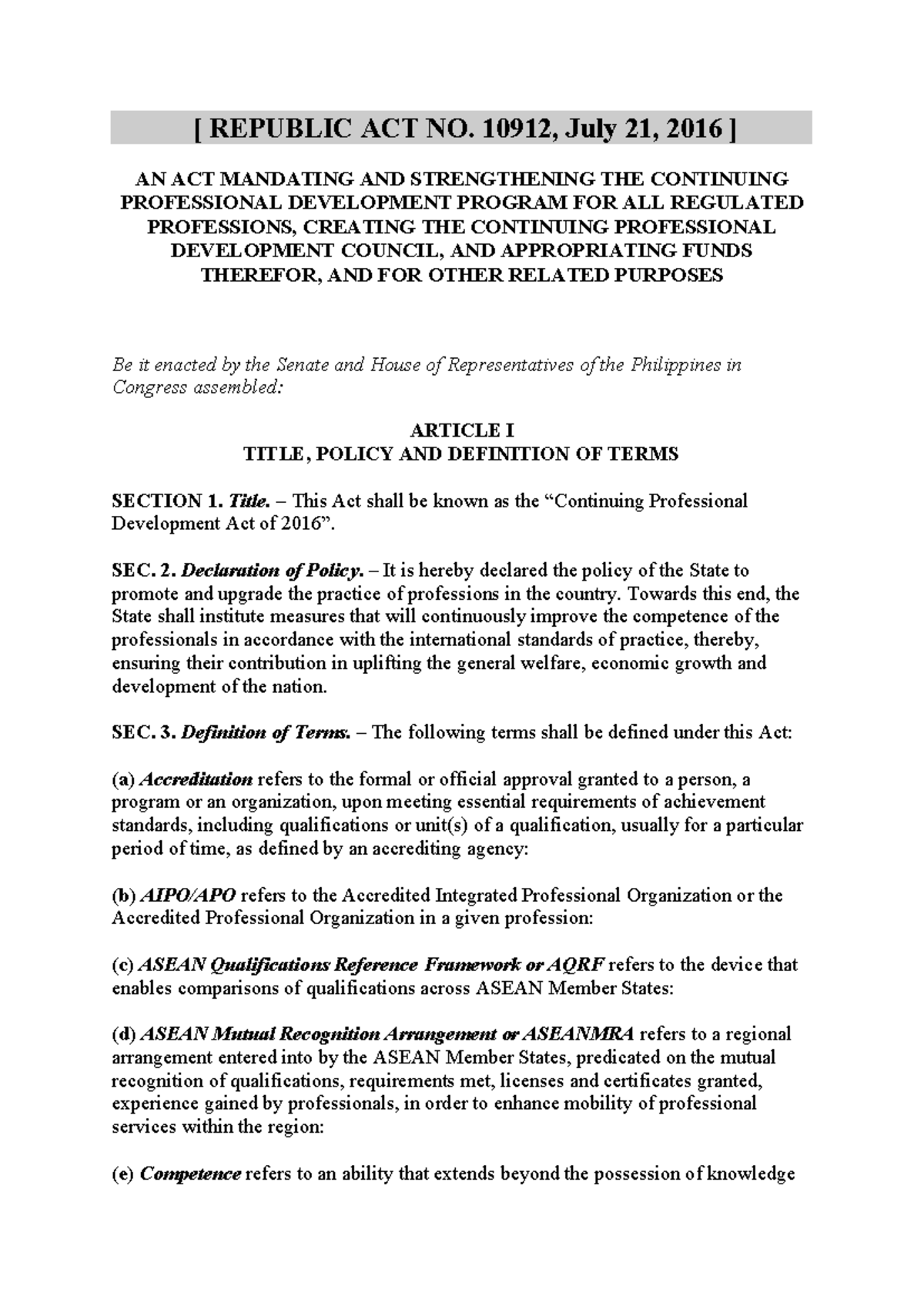 Republic ACT NO. 10912 - [ REPUBLIC ACT NO. 10912, July 21, 2016 ] AN ...