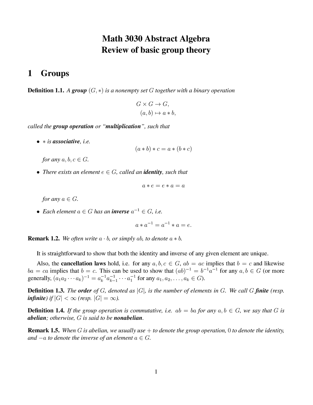 Notes For Groups - Math 3030 Abstract Algebra Review Of Basic Group ...