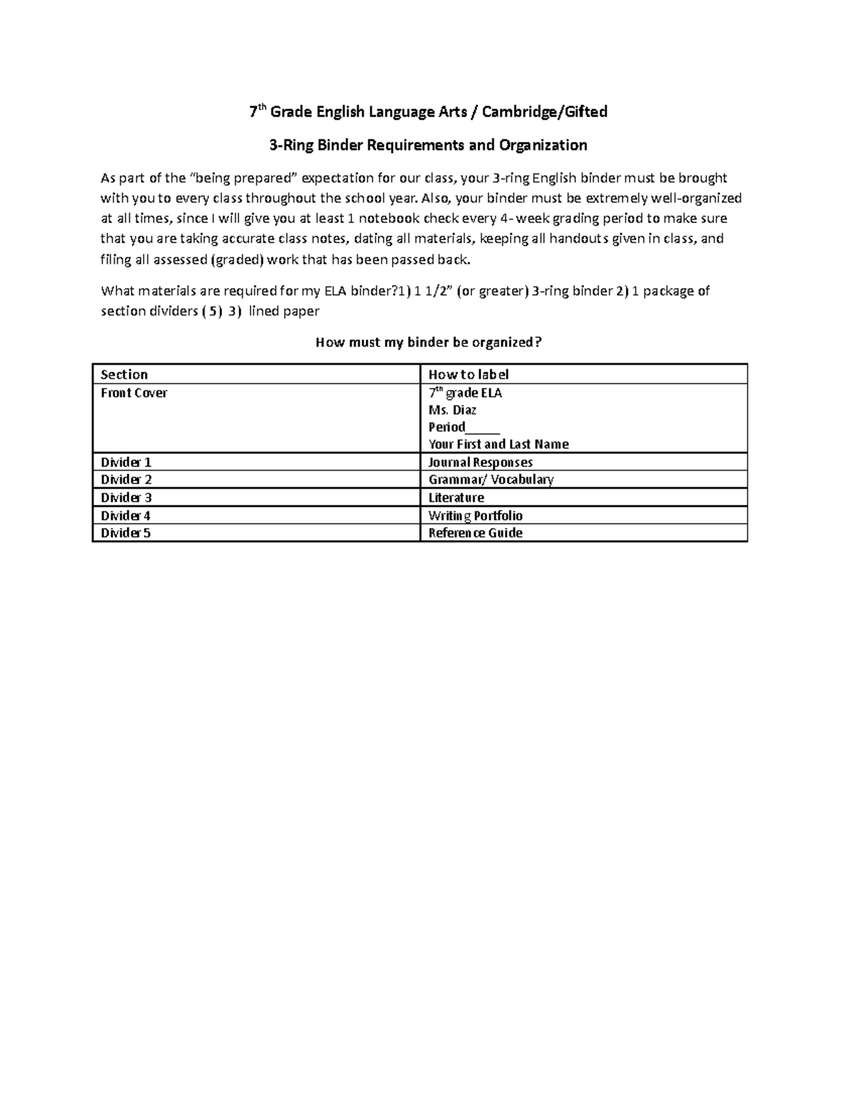 Binder requirements 20232024 7 th Grade English Language Arts