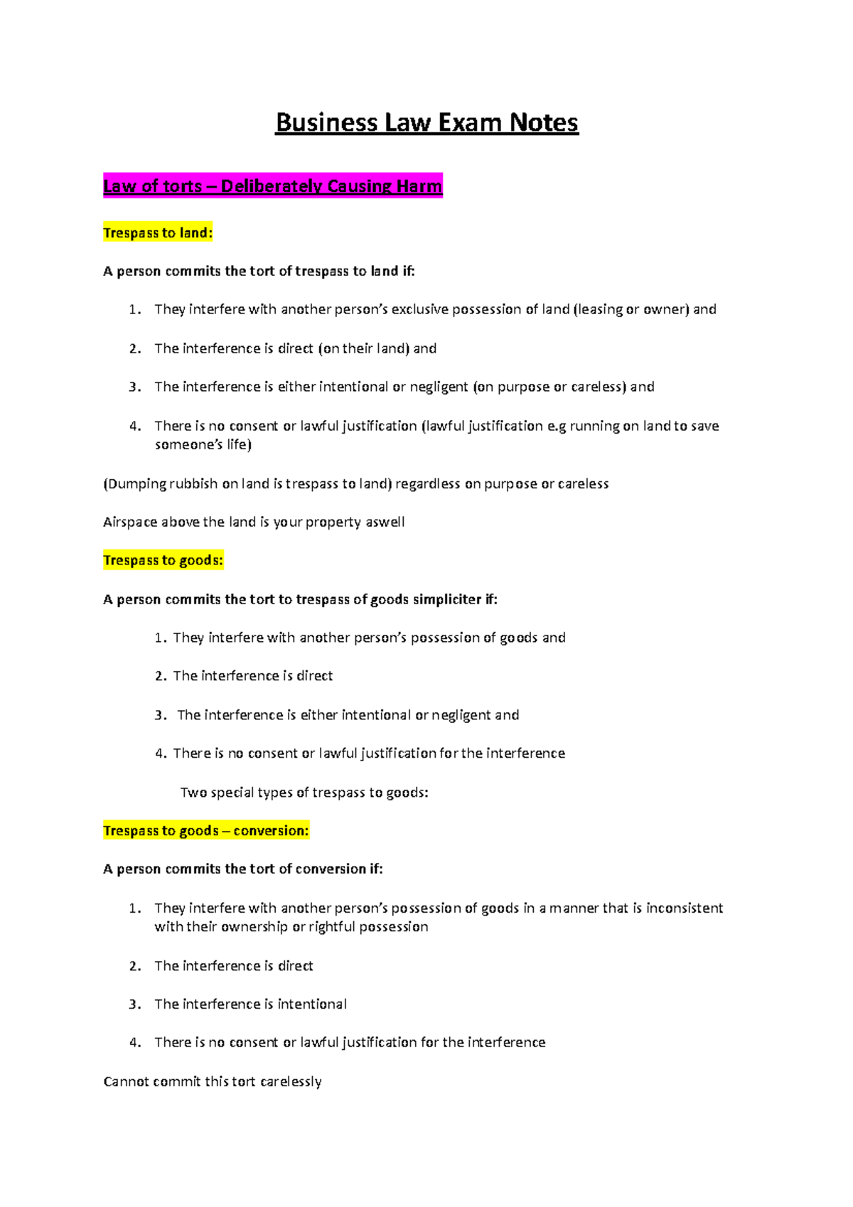 Business Law Exam Notes - They interfere with another person’s ...