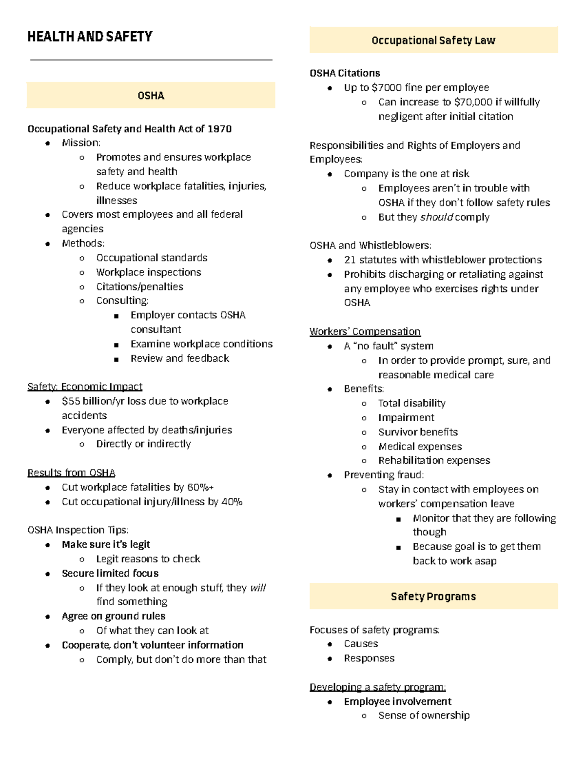 OBHR 3330 Notes 13 - Health and Safety - HEALTH AND SAFETY OSHA ...