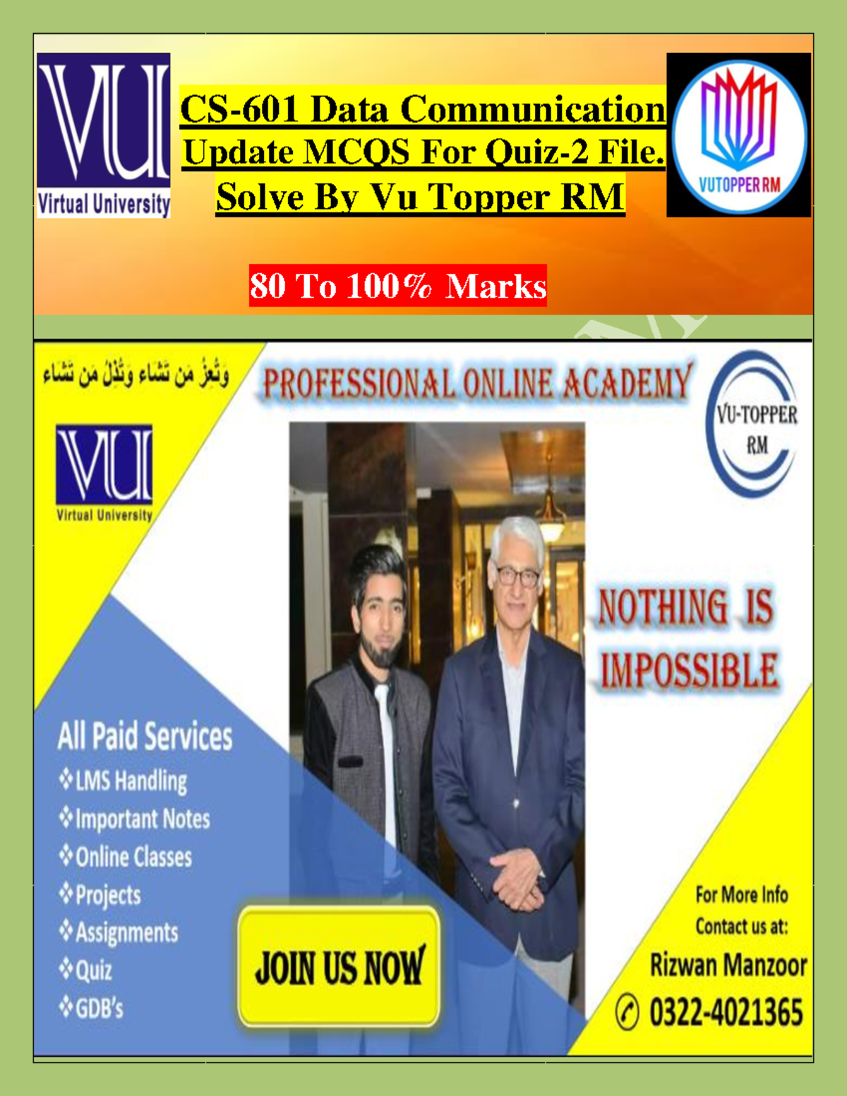 CS601 Quiz-2 By Vu Topper RM - CS- 601 Data Communication Update MCQS ...