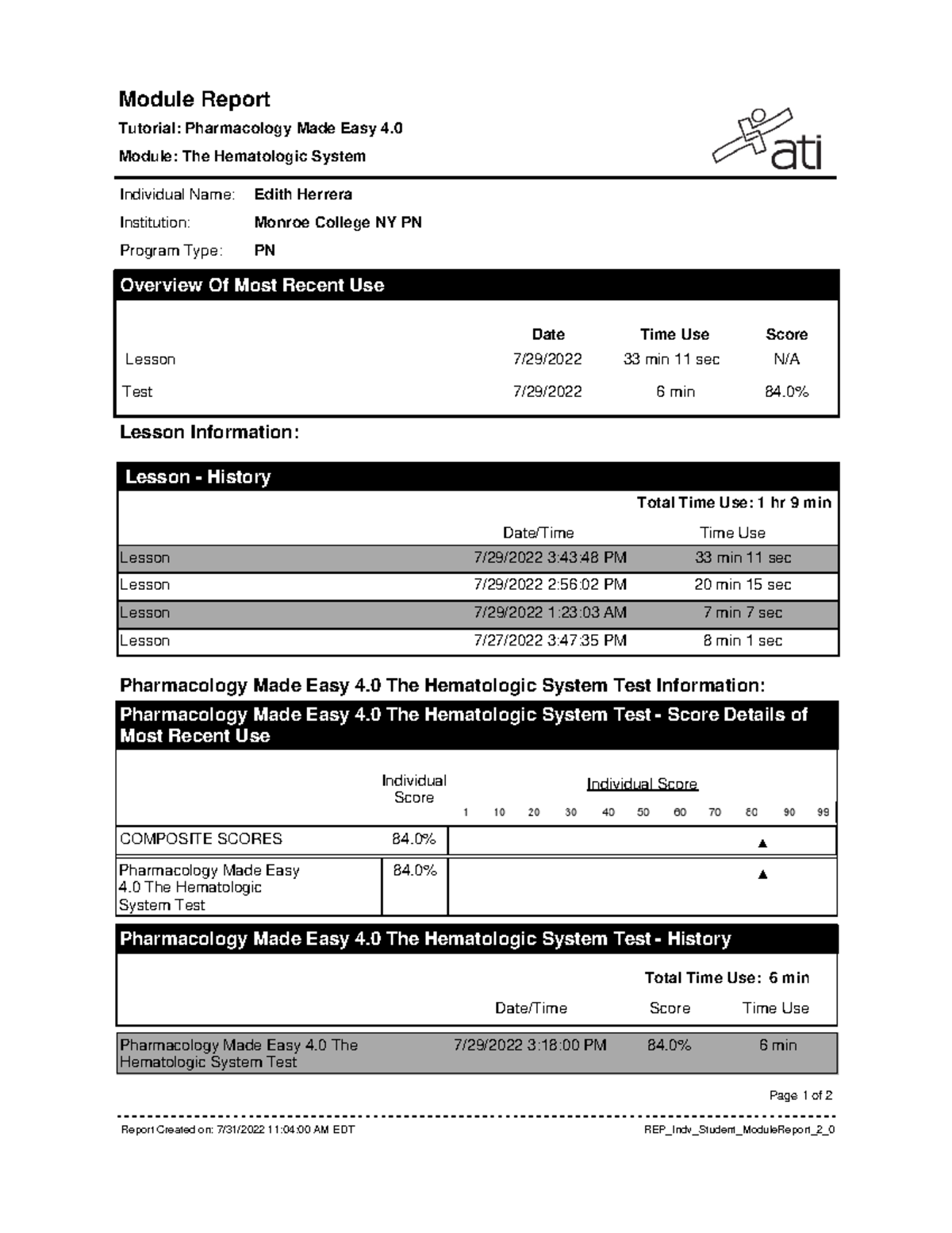 Hematologic system ATI pharm Module Report Tutorial Pharmacology