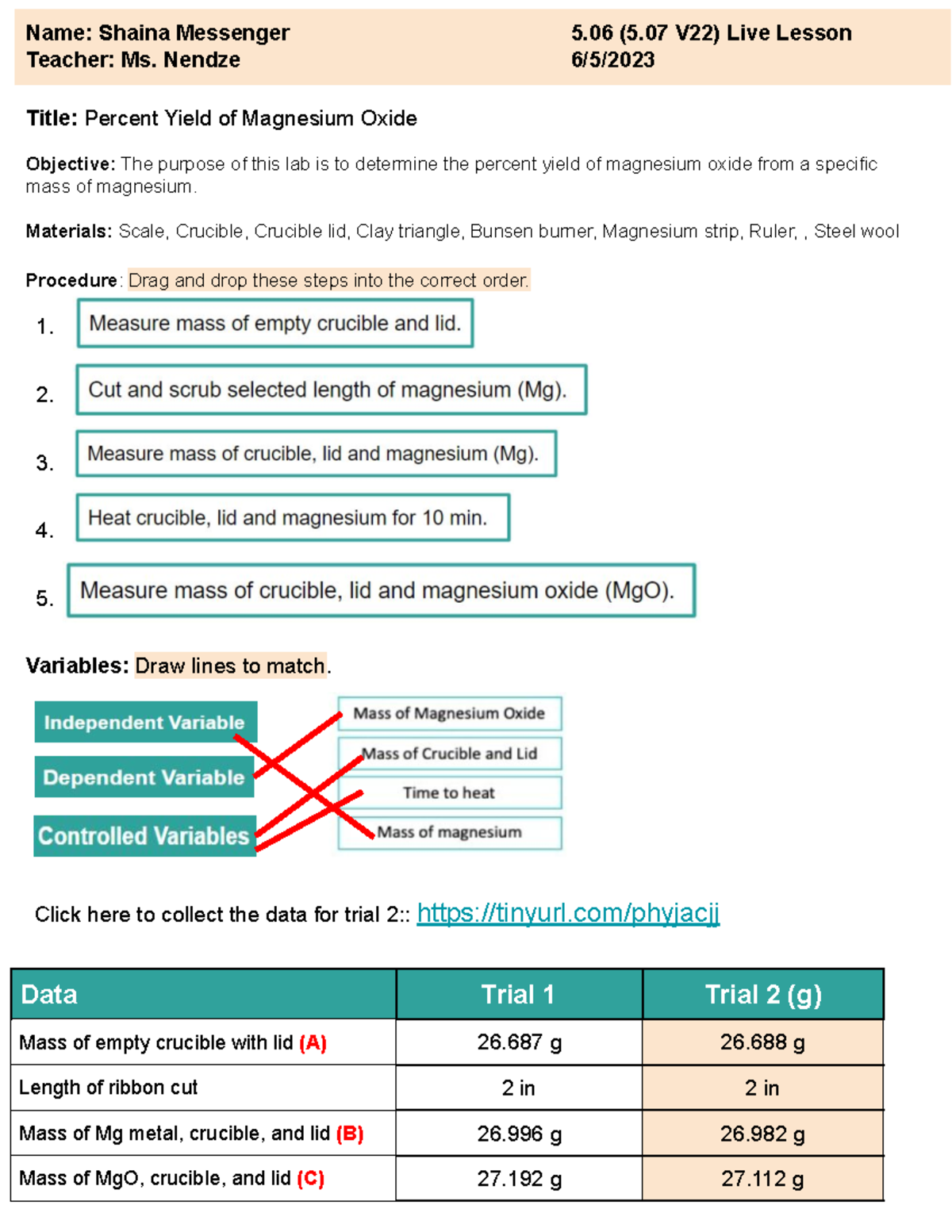5.065.07 percent yield lab Title Percent Yield of Magnesium Oxide