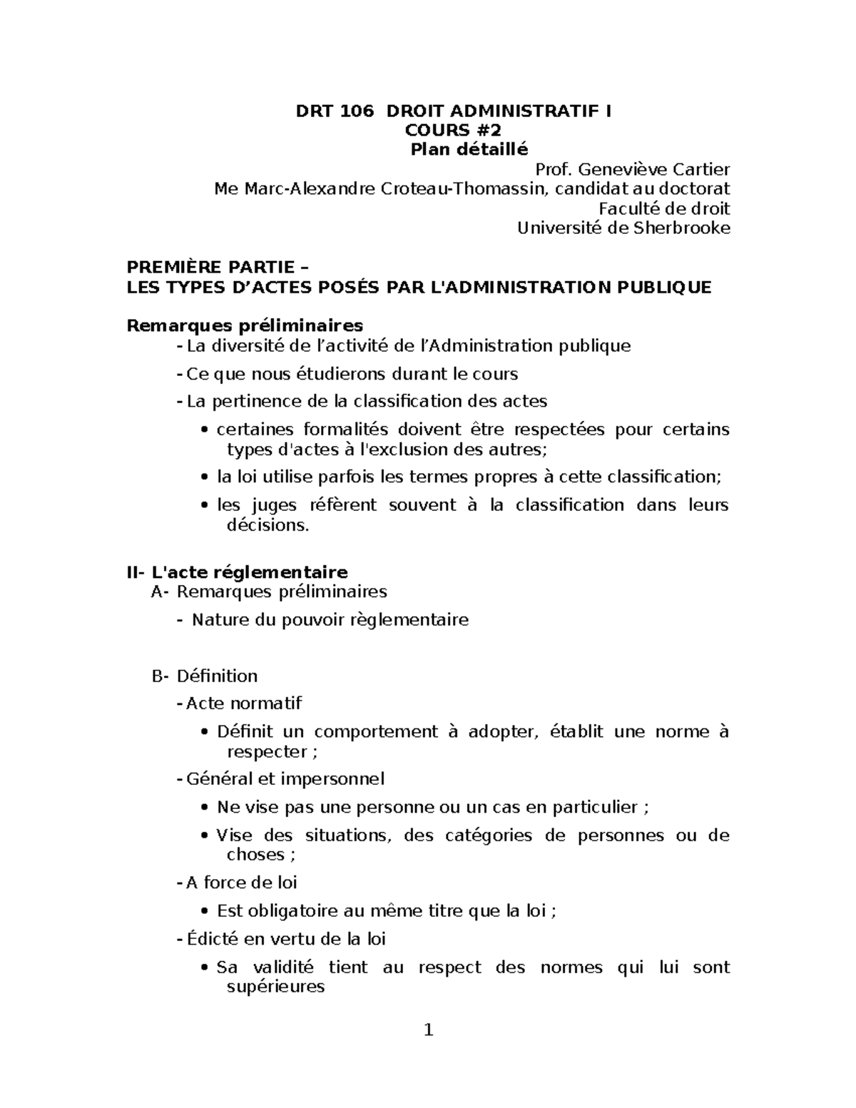 Plan de cours 2 - DRT 106 DROIT ADMINISTRATIF I COURS Plan détaillé ...