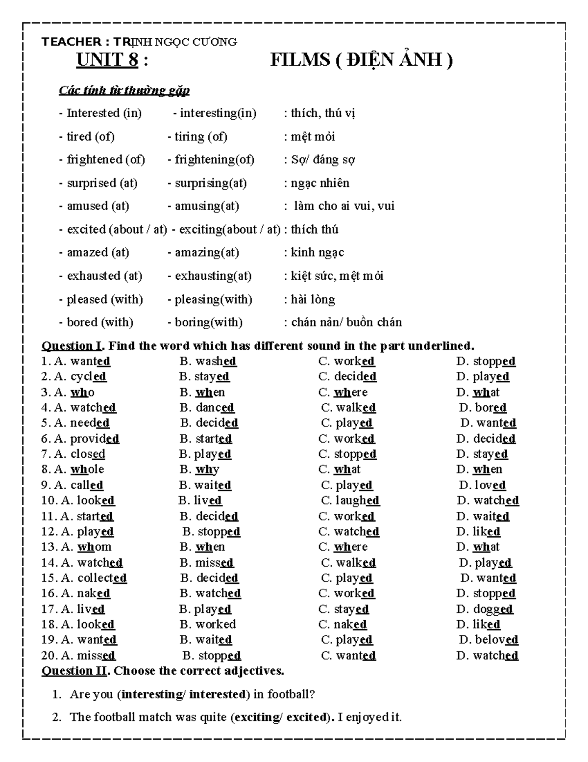 Exercises FOR UNIT 8 English 7 HOT - tiếng anh b1 - Studocu