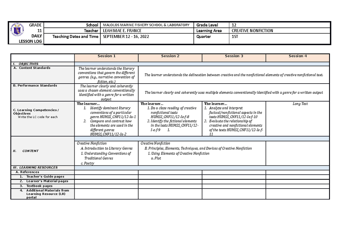 DLL Sspt. 12 - 16 - LEAH - GRADE 11 DAILY LESSON LOG School MALOLOS ...