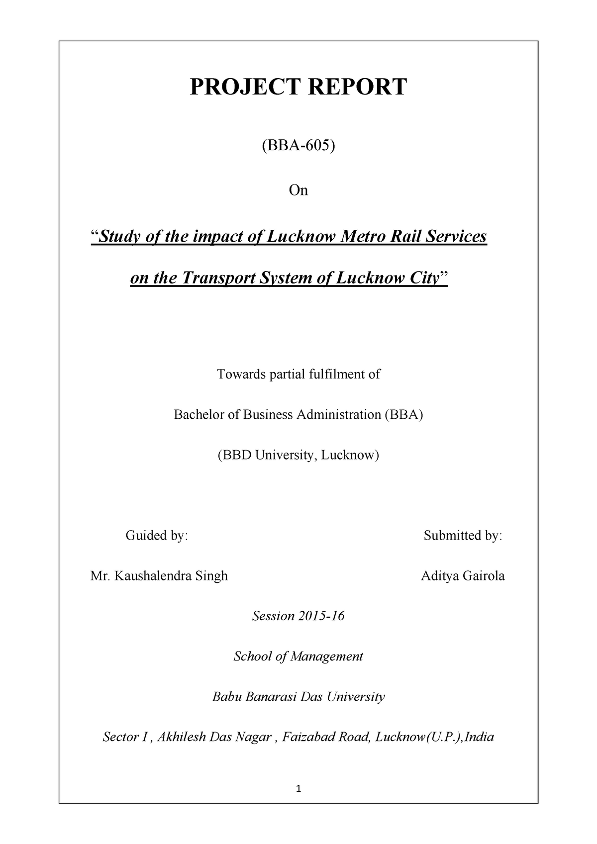 Project Report on Impact of Lucknow Metro on Transportation system ...