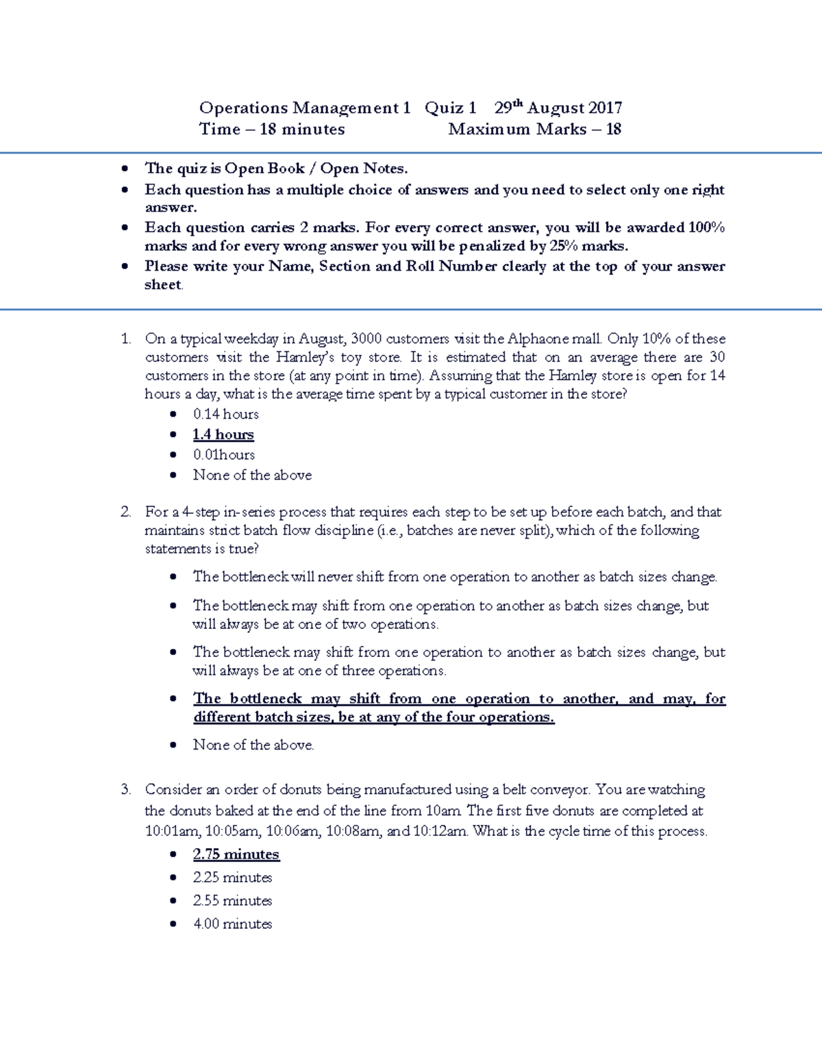 Quiz-1 2017 - Cxxc - Operations Management 1 Quiz 1 29th August 2017 ...