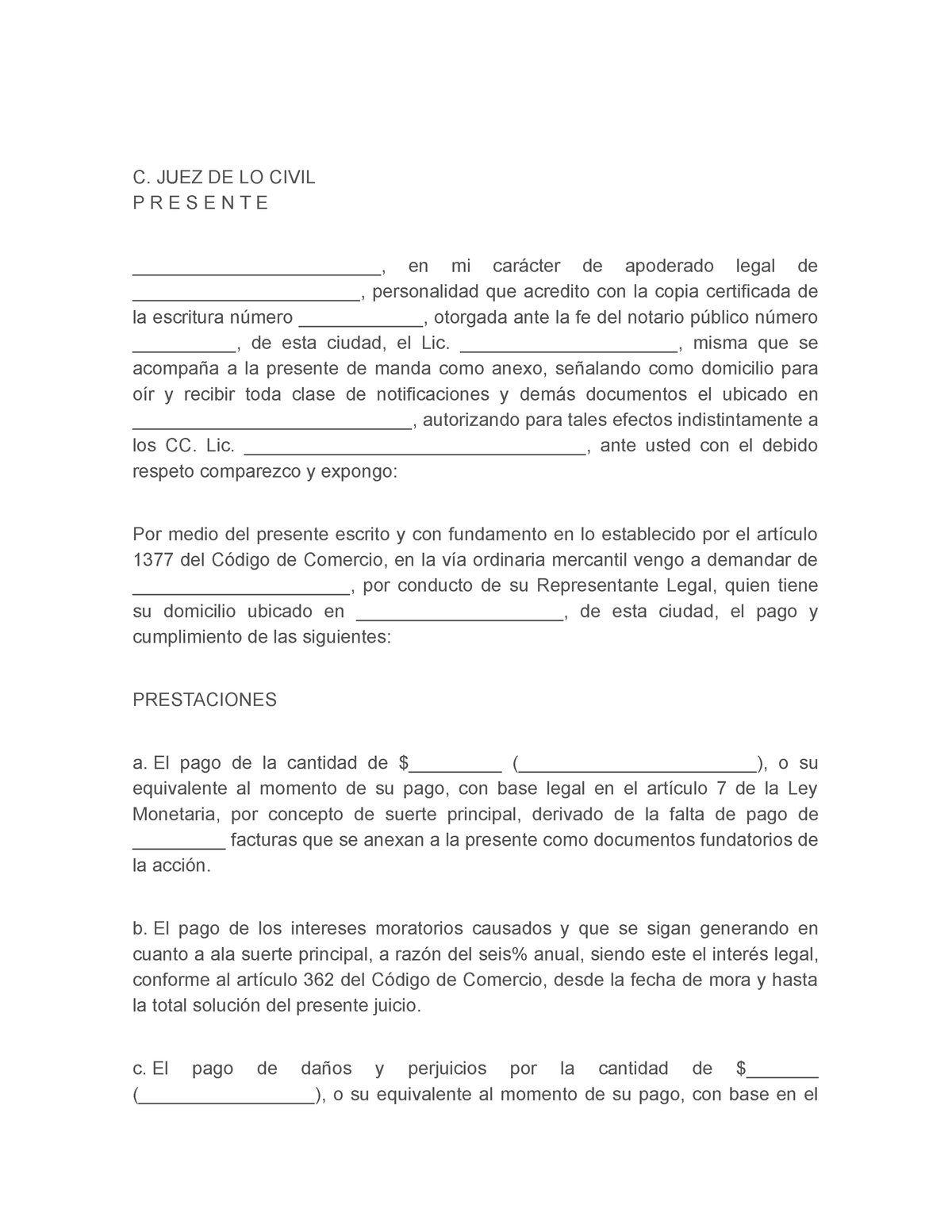 Escrito Inicial Juicio Ordinario Mercantil Ejemplo - C. JUEZ DE LO ...