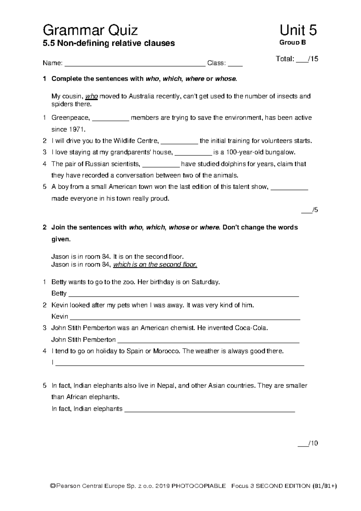 Focus 3 2E Grammar Quiz Unit5.5 Group B - Grammar Quiz Unit 5 5. 5 Non ...