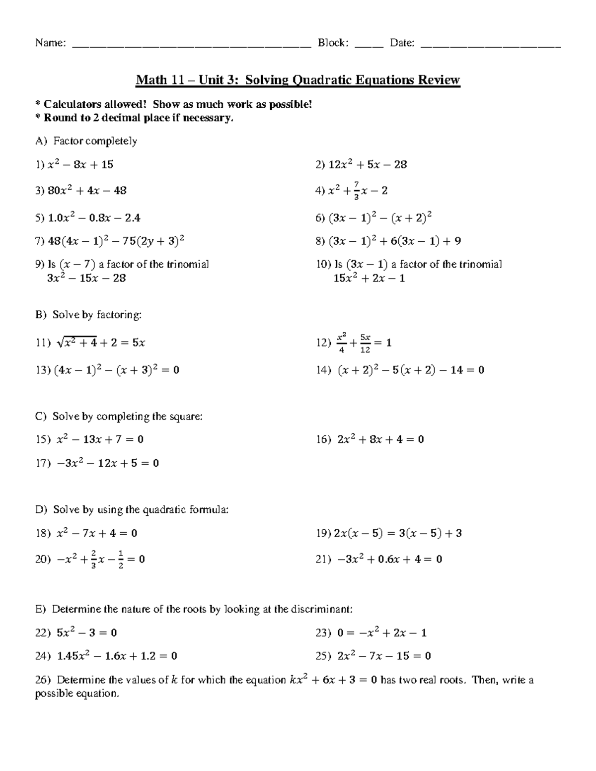 Unit 3 Review - Name: _________________________________________ Block ...