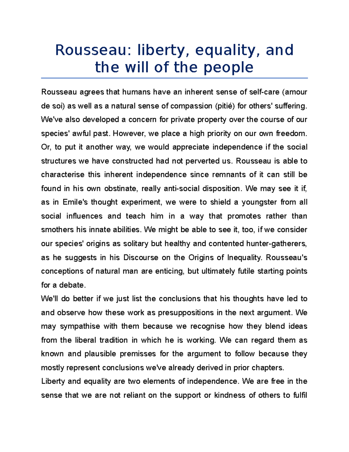 Rousseau liberty, equality, and the will of the people Rousseau