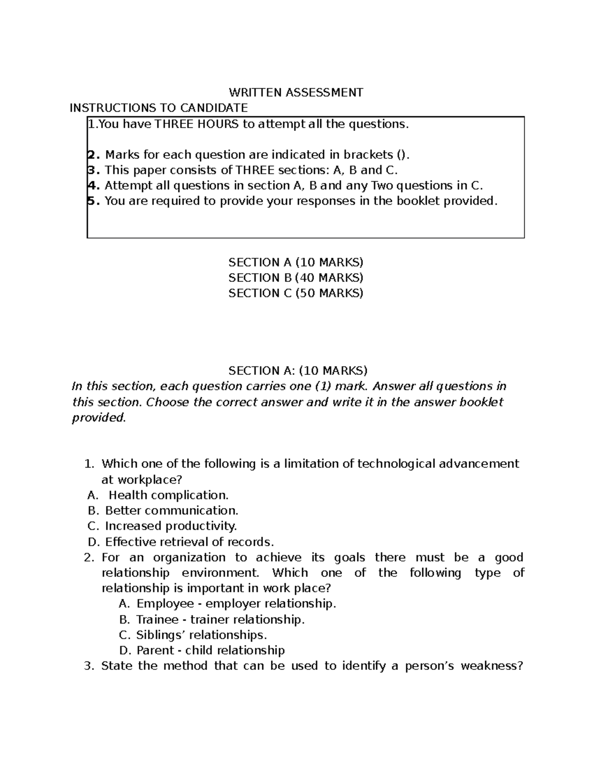 Anatomy I exam - WRITTEN ASSESSMENT INSTRUCTIONS TO CANDIDATE 1 have ...