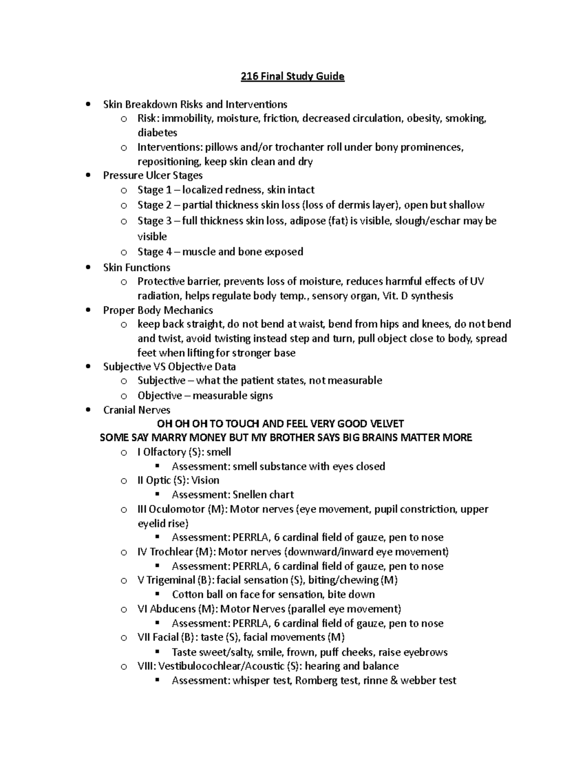 216 Final Study Guide - 216 Final Study Guide Skin Breakdown Risks and ...