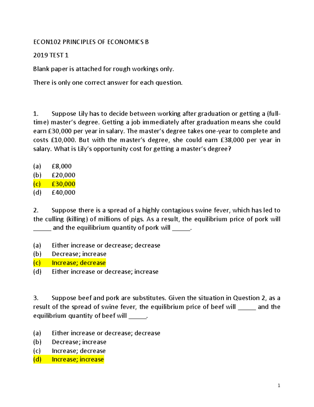 2019 Econ102 Test1Solutions - ECON102 PRINCIPLES OF ECONOMICS B 2019 ...