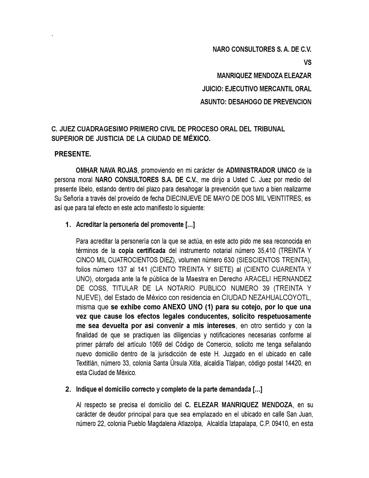 Omhar desahogo de prevencion - . NARO CONSULTORES S. A. DE C. VS ...