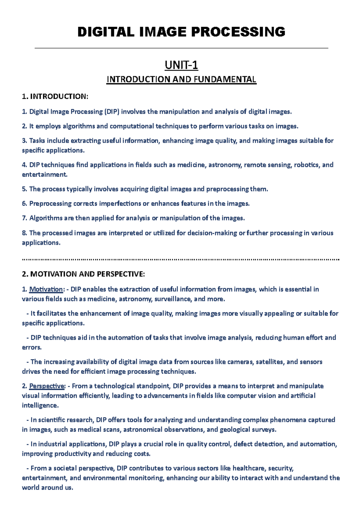 DIP Notes - DIGITAL IMAGE PROCESSING UNIT- 1 INTRODUCTION AND ...